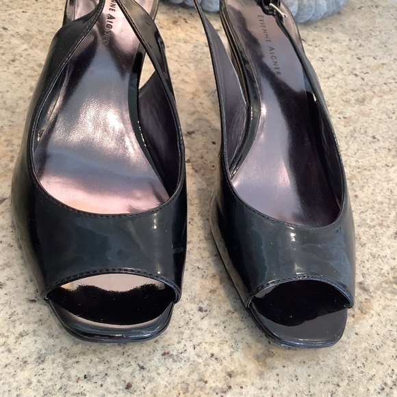 Etienne Aigner Patent Open Toe Heels Wedge Size 8 Slingback - Picture 2 of 7